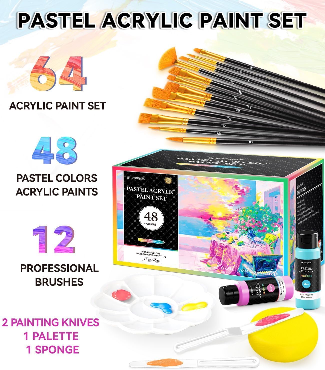 64 PCS Pastel Acrylic Paint Set with 12 Brushes, 2 Knives & Palette, 48 Colors (2oz/60ml) Art Craft Paint for Adults Artists Beginners, Canvas Ceramic Rocks Wood Painting Kit Art Supplies