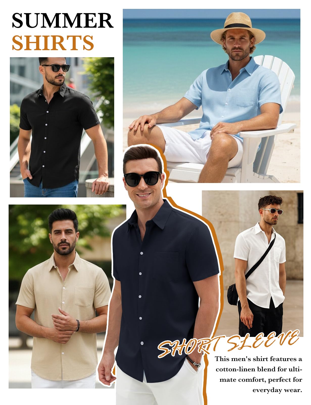 Xnova Camicia Uomo in Cotone e Lino Camicia Uomo Maniche Corte Estiva Regular Fit con Taschino la Spiaggia Camicie con Collo Button-Down Le Vacanze e Il Lavoro
