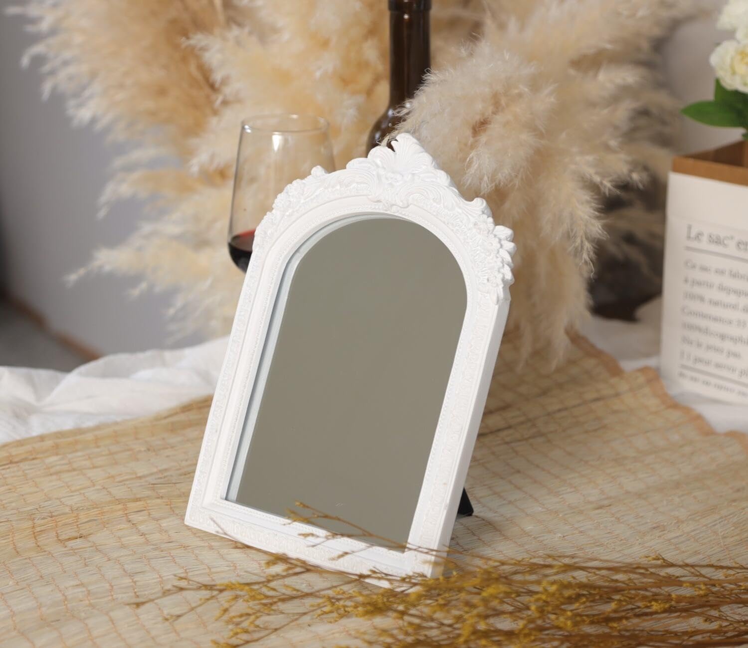 HSDDHOME Small White Vintage Vanity Desk Makeup Mirror Antique Decorative Wall Mirror,Resin Carved Arch Table Mirror with Stand for Living Room,Bedroom Dresser,Desktop Decor 10.2" x 7"