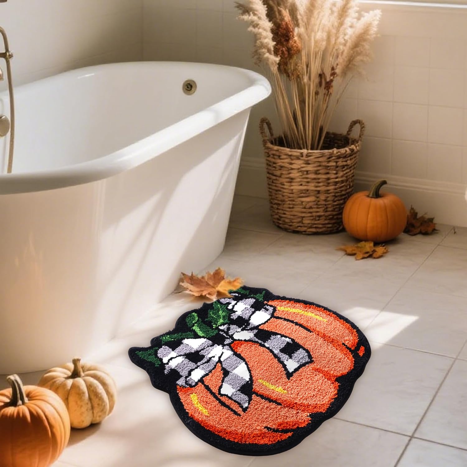 Buffalo Plaid Bow Pumpkin Bath Mat 24x24 Inch, Soft and Absorbent Tufted Orange Fall Bathroom Rug Non Slip Washable, Autumn Thanksgiving Halloween Bathroom Decor Rug Holiday Decorations