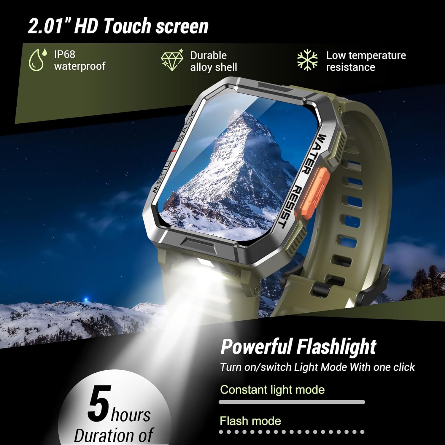 Military Smart Watch for Men (Answer/Make Calls), 2.01'' Smart Watch for Android and iPhone, Fitness Tracker with Flashlight/Compass/100 Days Battery/Heart Rate/Sleep/100+ Sport Modes(2 Straps) - Image 2