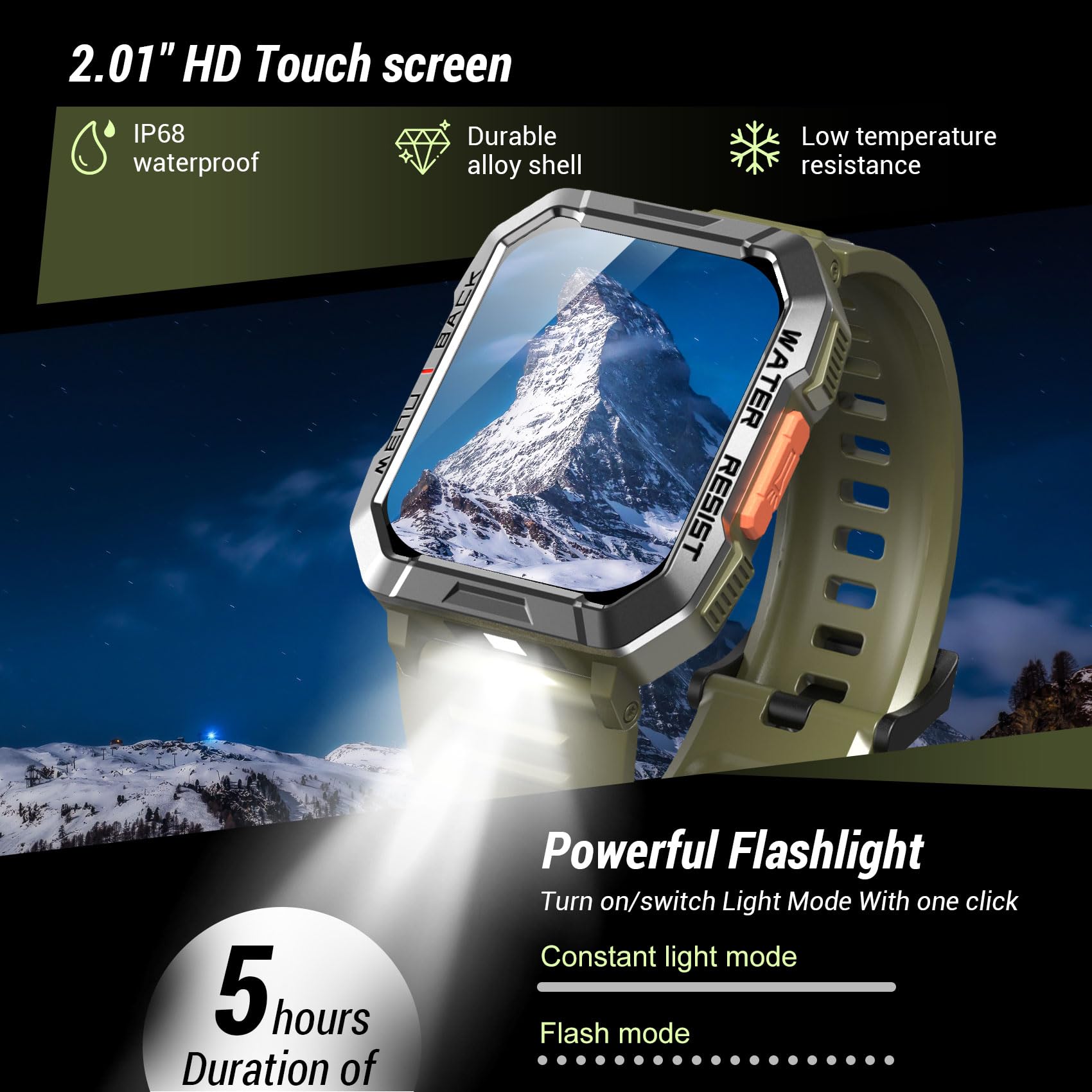 IOWODO SmartWatch Uomo，2.01“ Militari Smart Watch con Torcia/900mAh Batteria/2 Cinturini/Bussola/SpO2/100 Sportive/Cardiofrequenzimetro/Sonno,Orologio Fitness Tracker per iOS/Andriod