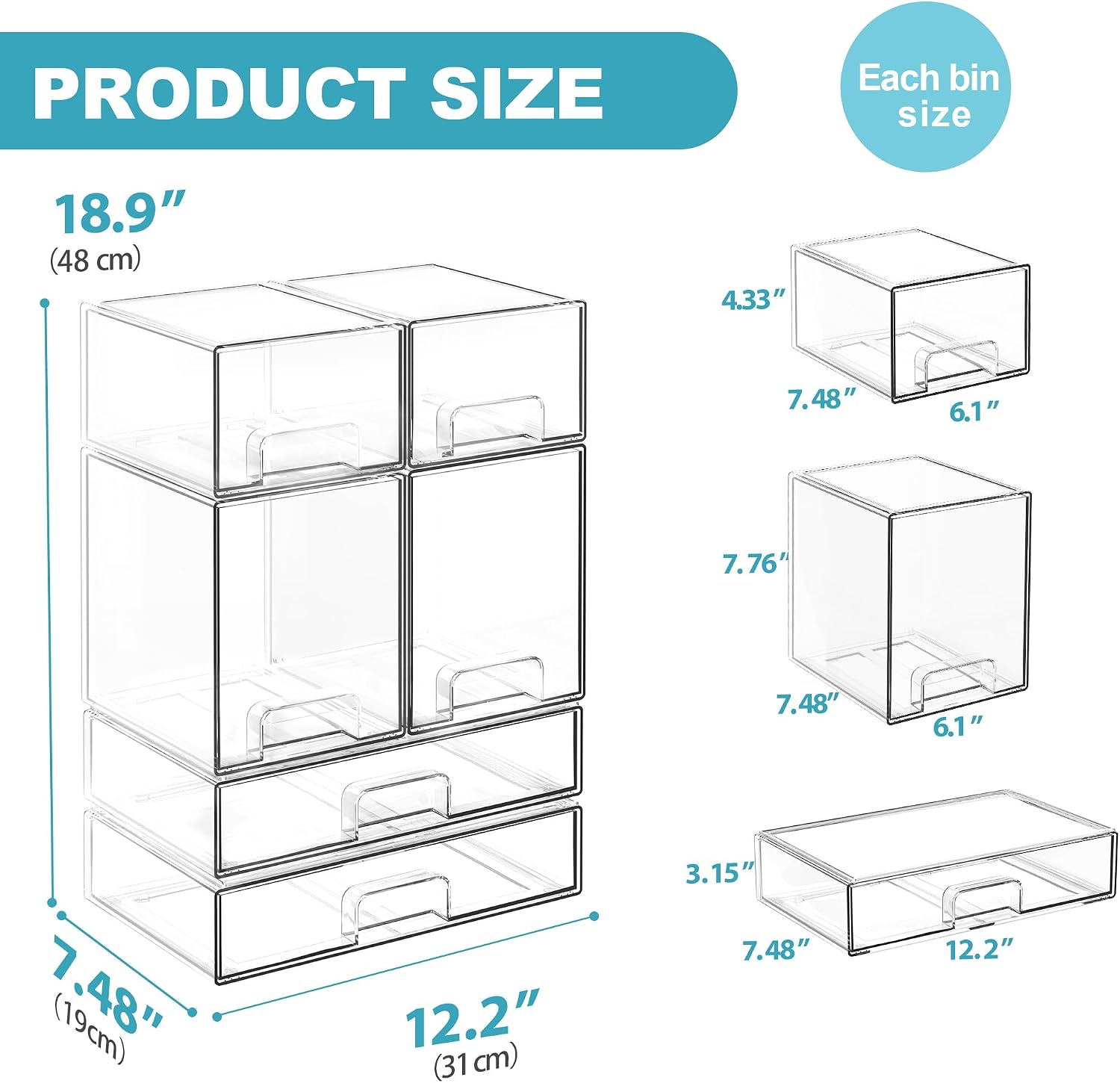 Stackable Storage Drawers, 6 Pack Clear Acrylic Makeup & Bathroom Organizer, Versatile Storage Bins for Vanity, Under Sink, Kitchen Cabinets & Pantry