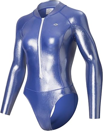 LEOHEX Womens Long Sleeve Swimsuit Super Glossy Sexy Rash Guard Zipper Surfing Suit Bathing Suit High Neck Diving Suit