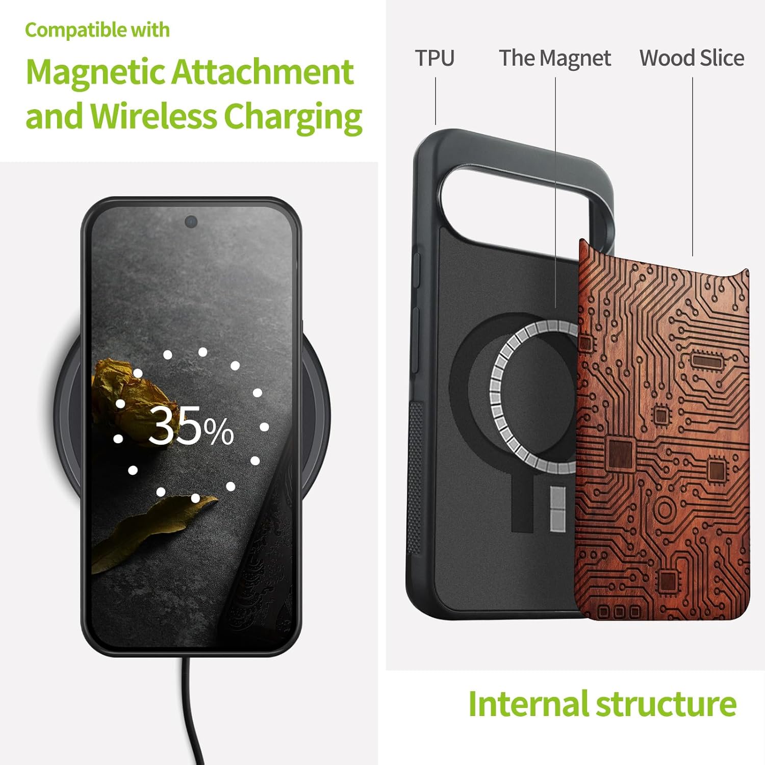 Carveit Magnetic Wooden Case for Google Pixel 10 / Pixel 10 Pro Case, Wood Artisan Engraved & Soft TPU Shockproof Cover, Compatible with MagSafe Wireless Chargers (Circuit Art) Rosy