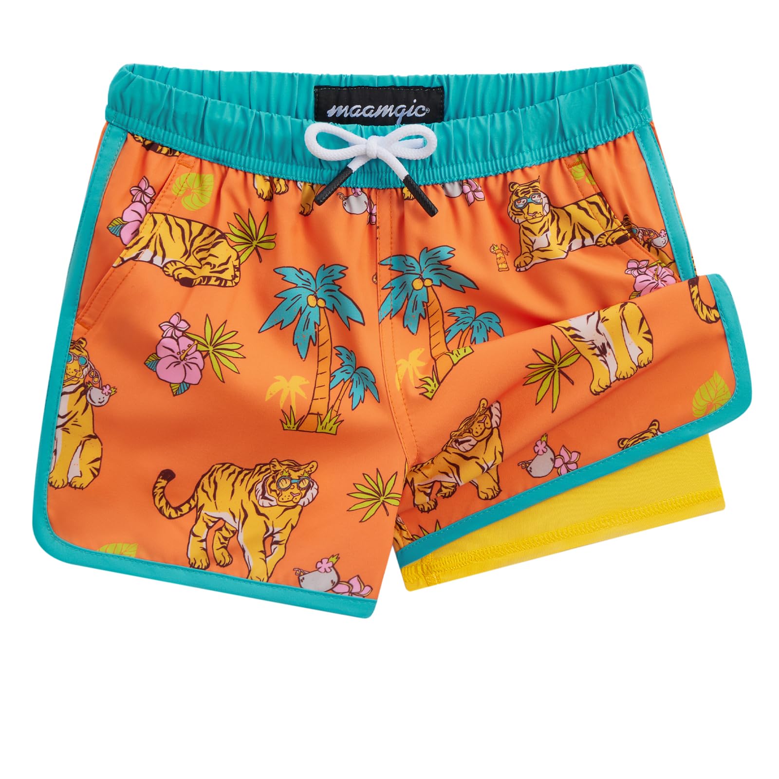 MaaMgic Badehose Jungen Badeshorts Kinder | Schnelltrocknend Schwimmhose Kurz Swim Shorts für Kleine | 2 in 1 Boardshorts mit Kompression Innenhose Taschen Verstellbare Tunnelzug MEHRWEG