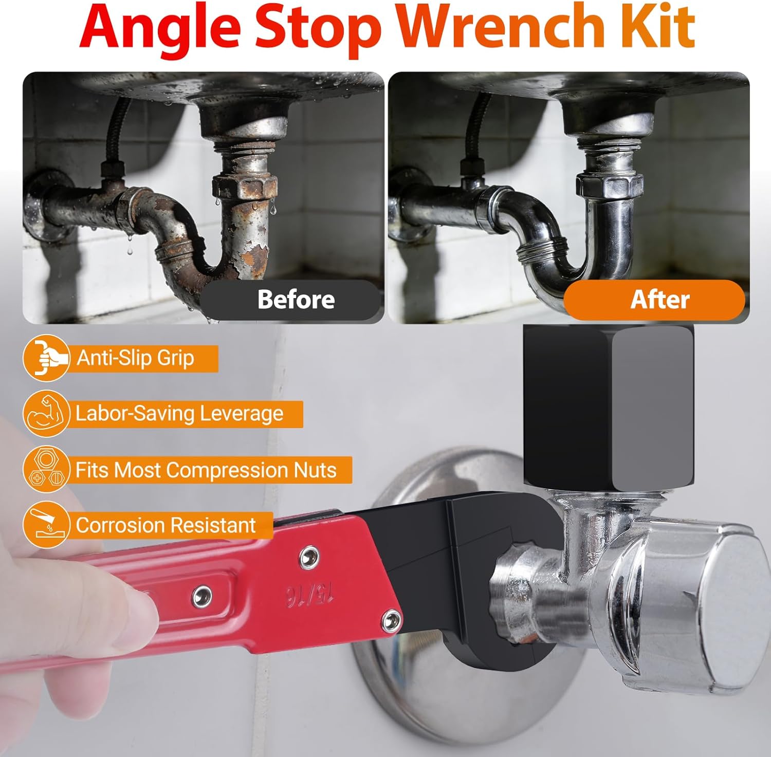 10PCS Angle Stop Valve Tool Kit with 2-in-1 Wrench – 15/16" & 5/8" Nut Wrench for Removal + 3/8" & 1/2" NPT for Installation, 1/2" Compression Sleeve Puller, Sandpaper & Tape