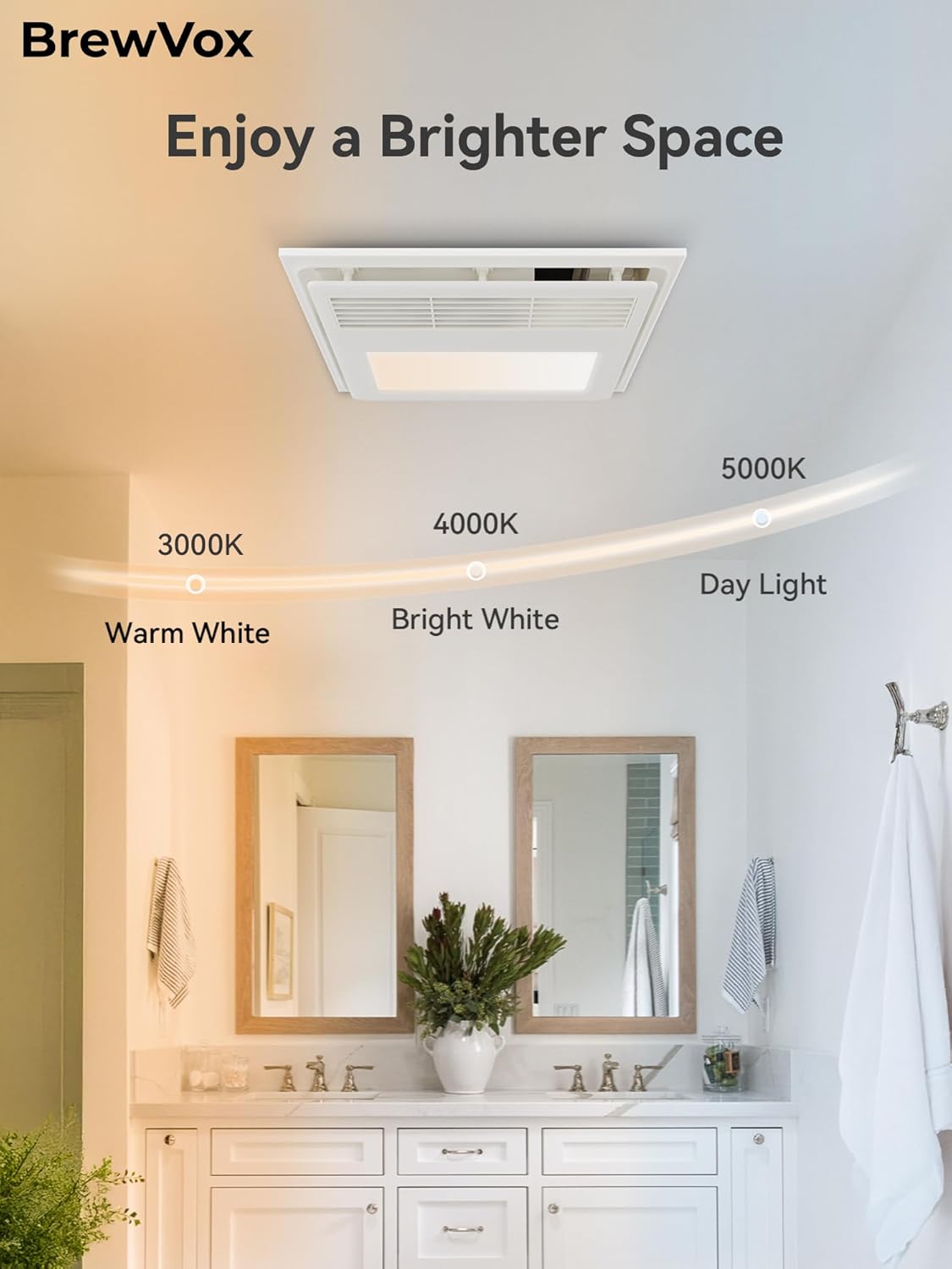 Bathroom Exhaust Fan with Heater and Light, 80-110 CFM Adjustable Ventilation Fan, 1600W 2-Level Instant Heater, 3-Color LED Light with Memory Function