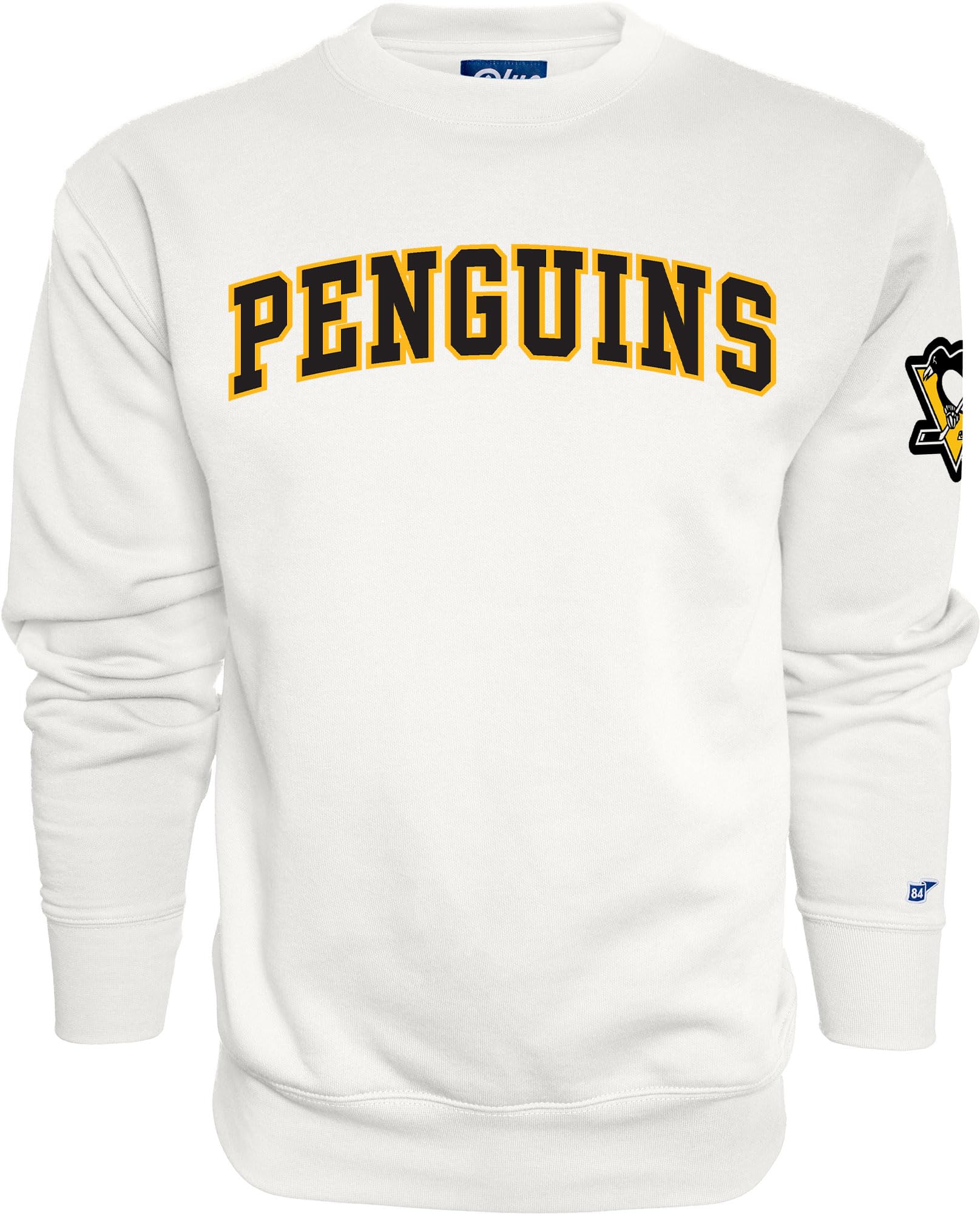 Blue 84 NHL Officially Licensed Crewneck Sweatshirt Twill Embroidery Sleeve Logo White