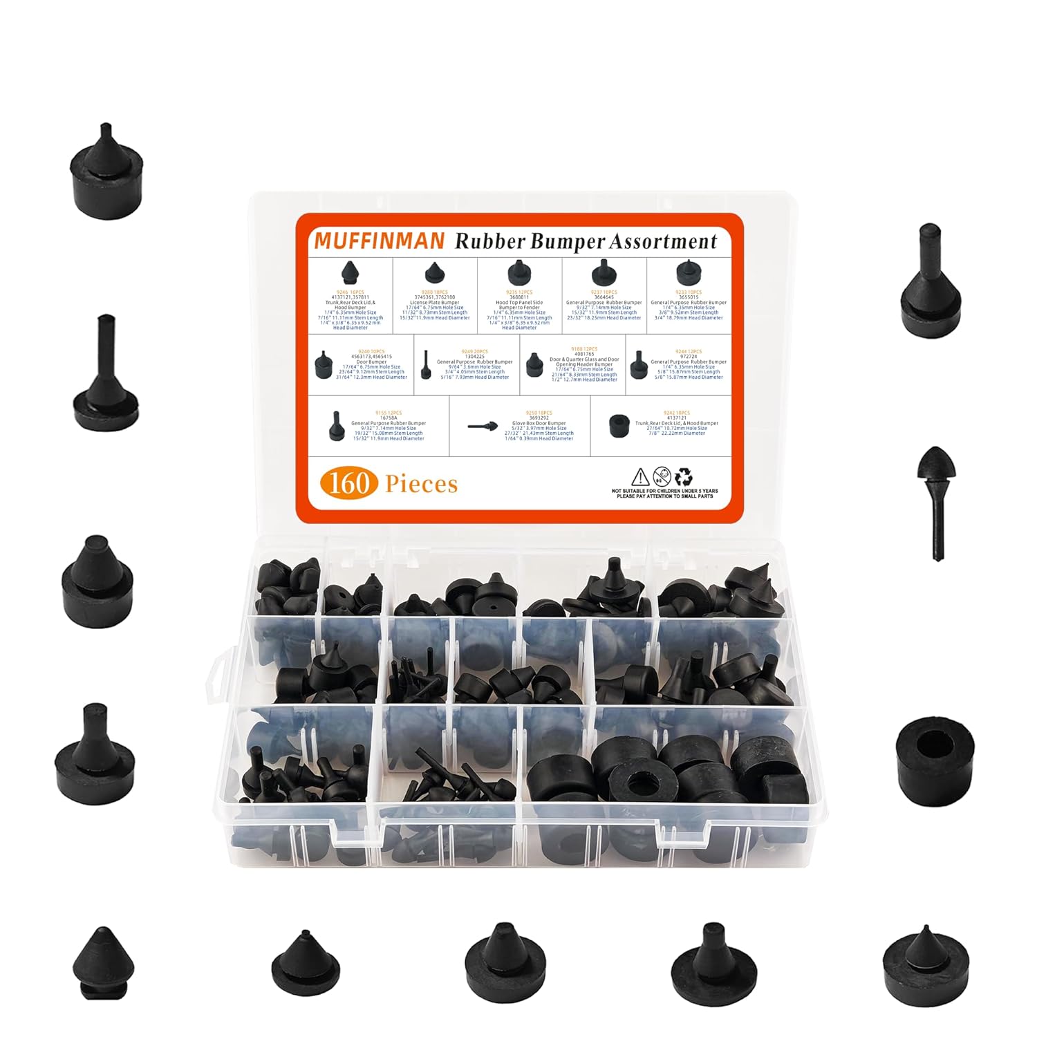 Automotive Rubber Bumper Assortment - Black Rubber Bumper Stopper, Compatible with Most Car Models - 12 Sizes