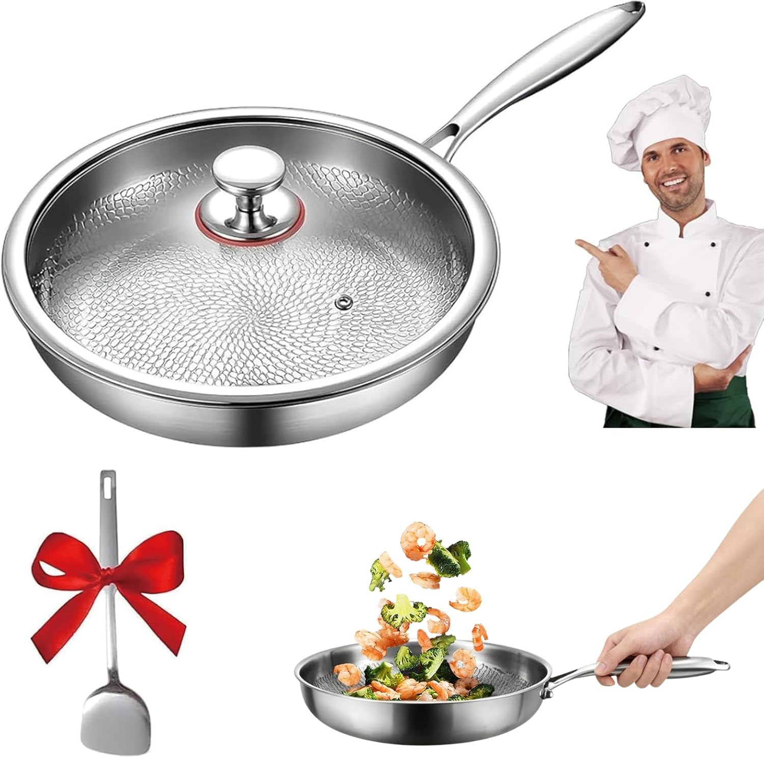 Pure Titanium Pan 28cm Titanium Hammered Pattern Fry Pans for Cooking, Scratch-Resistant Non Stick Dishwasher-Friendly Hammered Pan Pro with Lid, Compatible with All Cooktops (28 cm)