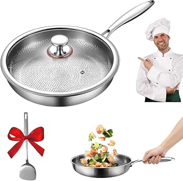 Titanium Frying Pan Scratch-Resistant Frying Pan 11 Titanium Hammered Frypan Fast & Even Heating Dishwasher-Safe Skillet Cook Pan with Lid and Spatula, Steak Pan for Induction Electric Gas Stove