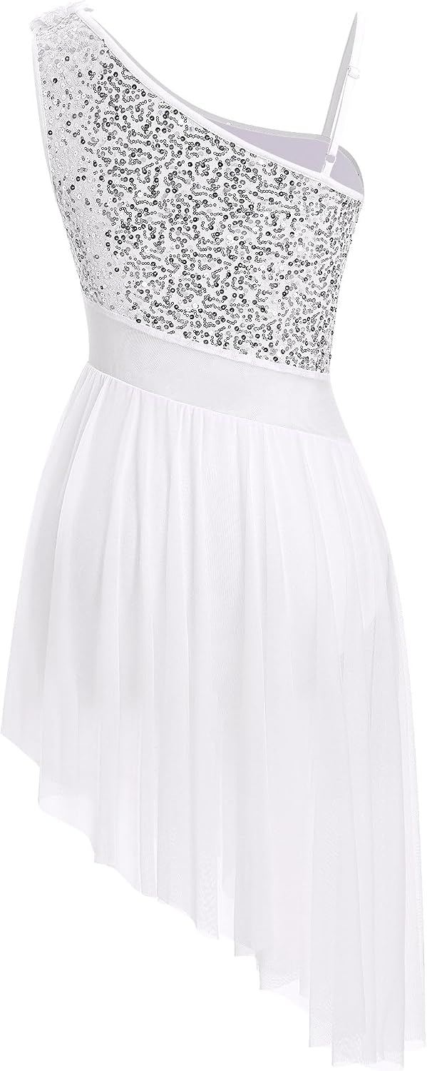 Women Lyrical Dance Dress One Shoulder Sparkly Sequins Contemporary Dance Costume Shiny Top Sheer Waist Chiffon Skirt