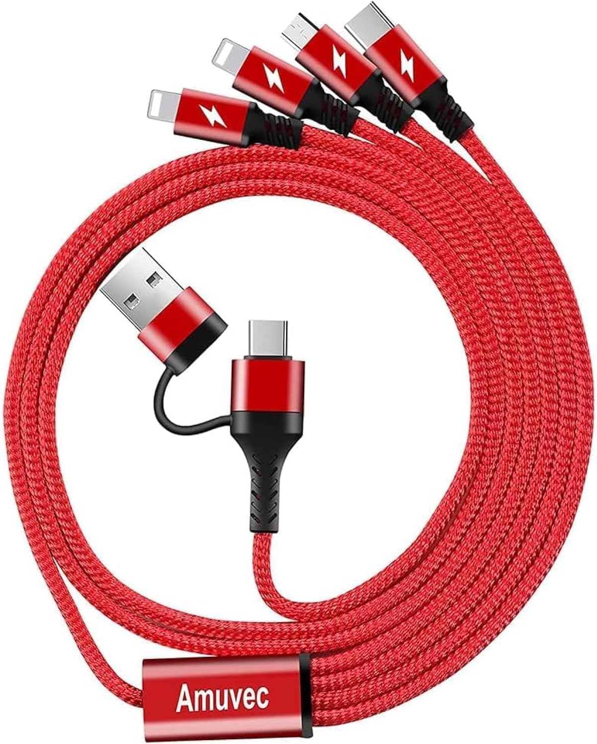 Amuvec Multi Charging Cable 3A 1.2M, Nylon Braided USB A/USB C to 4 in 1 Fast Charger Cord with 2 Lightning/Micro USB/Type C Port, for iPhone, Samsung Galaxy, LG, Huawei, Xiaomi, Sony, Pixel, PS5