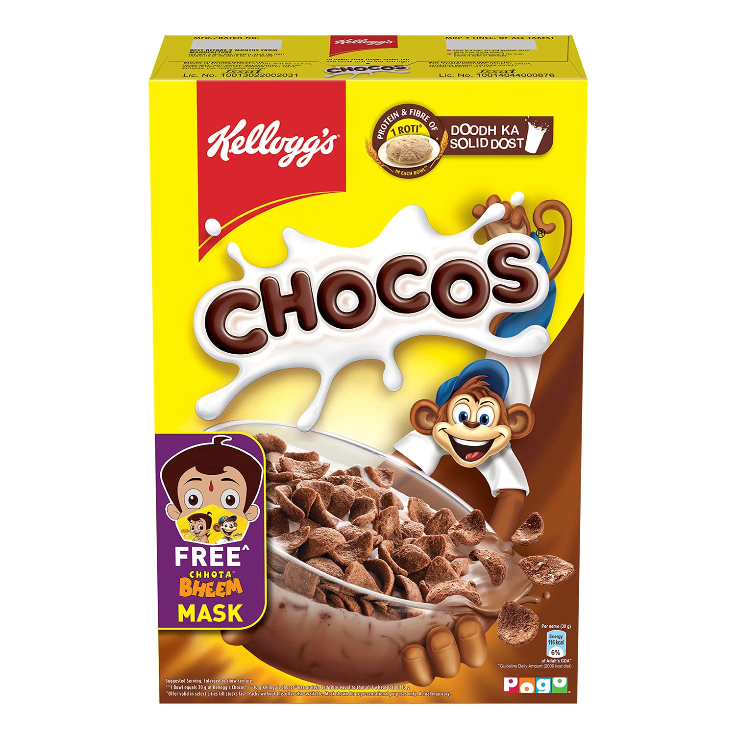 Kellogg's Chocos with Free Mask for Kids | Protein & Fibre of 1 Roti* in Each Bowl**| High in Calcium & Protein | with 10 Essential Vitamins & Minerals | Breakfast Cereals | 385g Pack