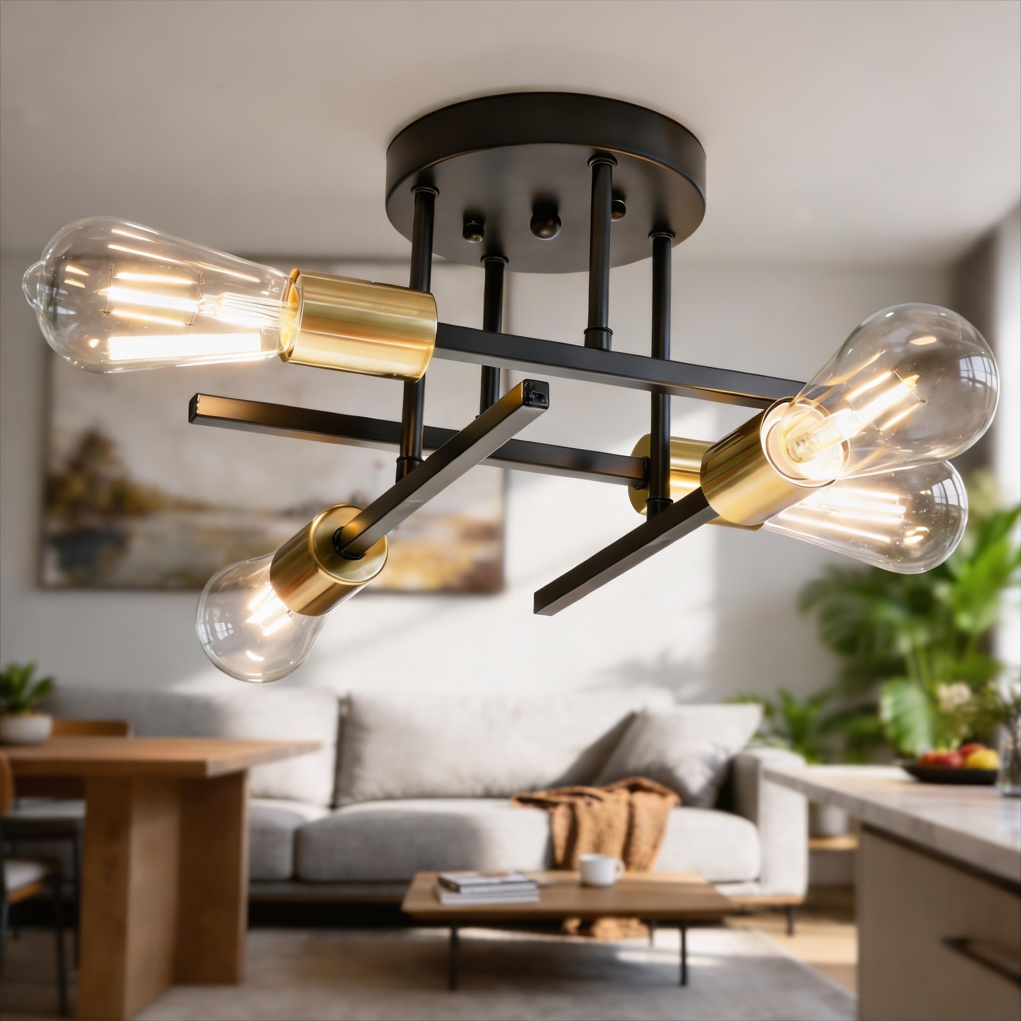 Photo 1 of Phaosio 4-Light Sputnik Semi Flush Mount Ceiling Light, 5.9” Canopy, Modern Black and Gold Metal Chandelier, Close to Ceiling Light Fixture with E26 Base for Bedroom, Dining Room, Kitchen, Living Room