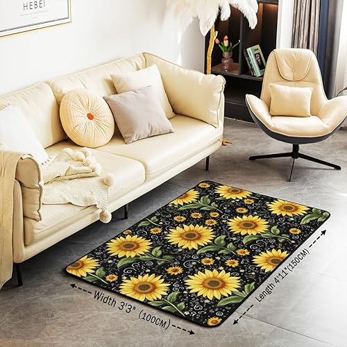 Miniatura 3 de Alfombra de área de girasol de 5 x 6 pies 6 pulgadas, alfombra de abeja para niños y niñas, alfombra decorativa floral amarilla, bonita alfombra
