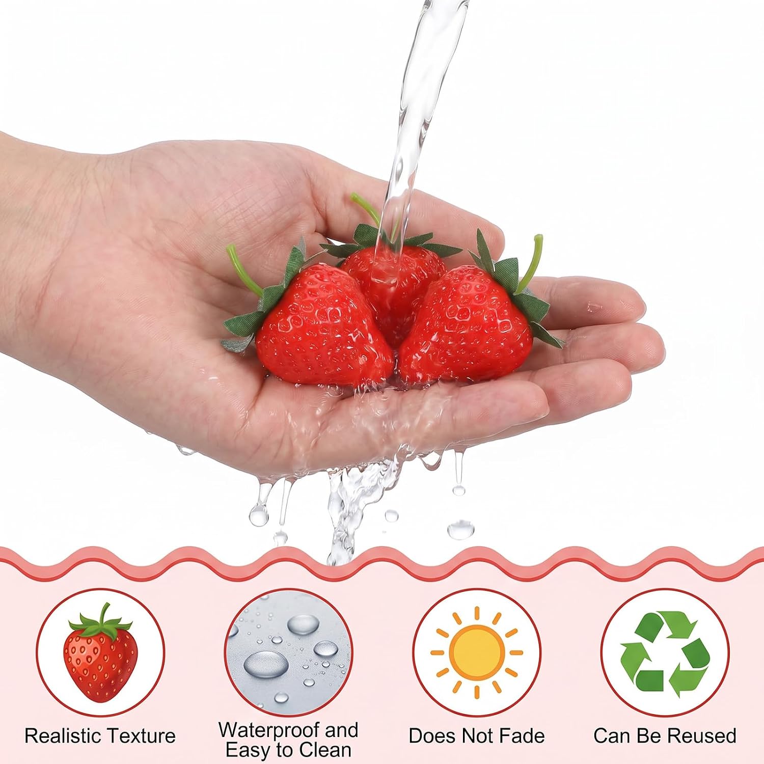 120Pcs Artificial Strawberries, Faux Realistic Strawberry Decor 1.38in Fake Lifelike Fruit Red Strawberries with Green Leaves for Home Kitchen Party Photography Prop