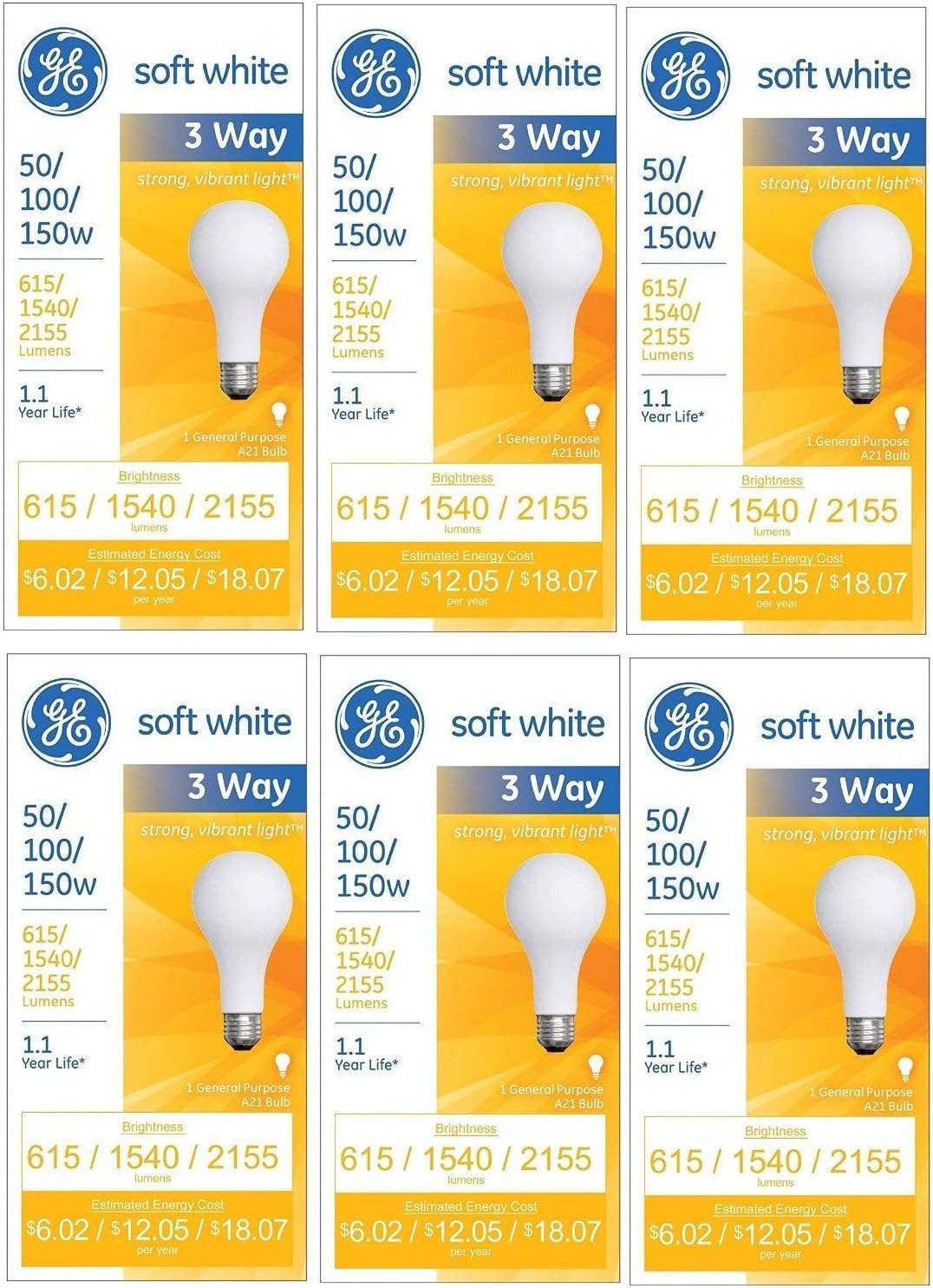 GE 97494 50/100/150 Watt 3-Way Light Bulb with Medium Base, 6 Count (Pack of 1), Soft White