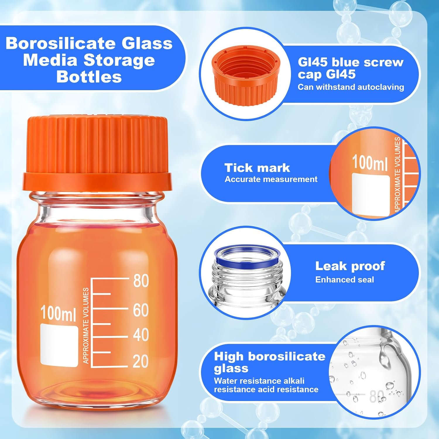 Irenare 8 Pack 100 ml Glass Media Storage Bottles Borosilicate Glass Scientific Round Graduated Media Bottle with Orange GL45 Screw Cap for Lab Water Reagent Liquids