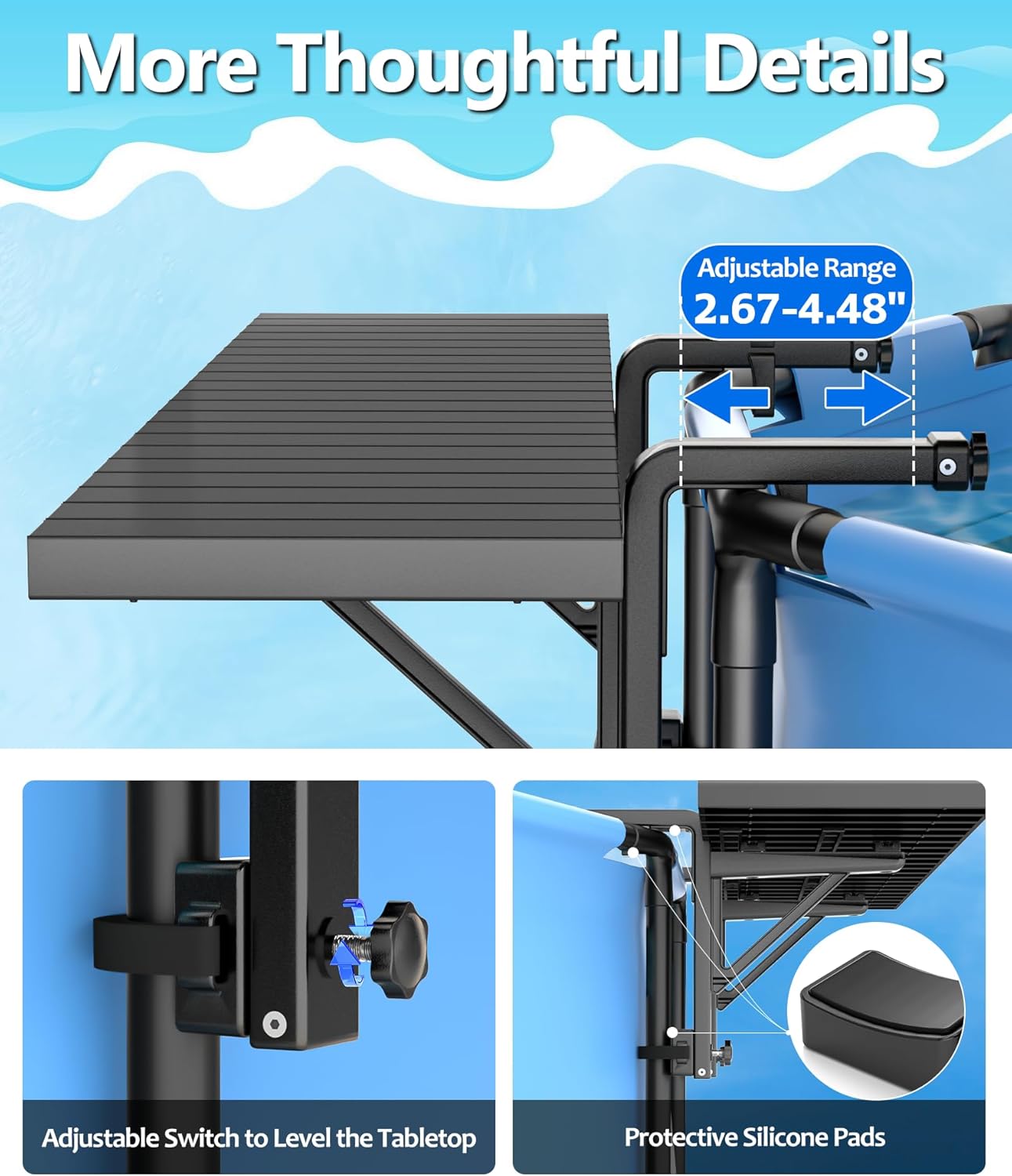 BoYata Pool Bar, Above Ground Pool Side Bar, 49.4× 9.6" Aluminum Pool Side Table Holds up to 110LBS, Swim Up Bar Fits Top Rails 4.48" or Less, Frame Above Ground Round & Oval Swimming Pool Accessories