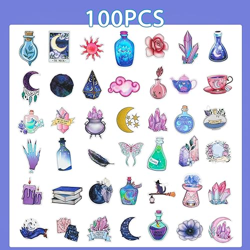 Miniatura 2 de 100 calcomanías mágicas de luna de medianoche para botellas de agua, paquetes de calcomanías de bruja morada para adolescentes, calcomanías de