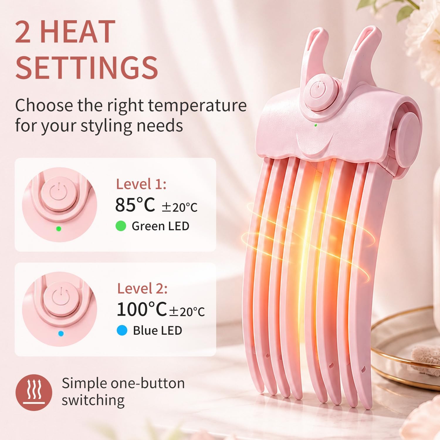 Heated Hair Volume Clip, Root Lifter Comb with Heat Settings (Pink)