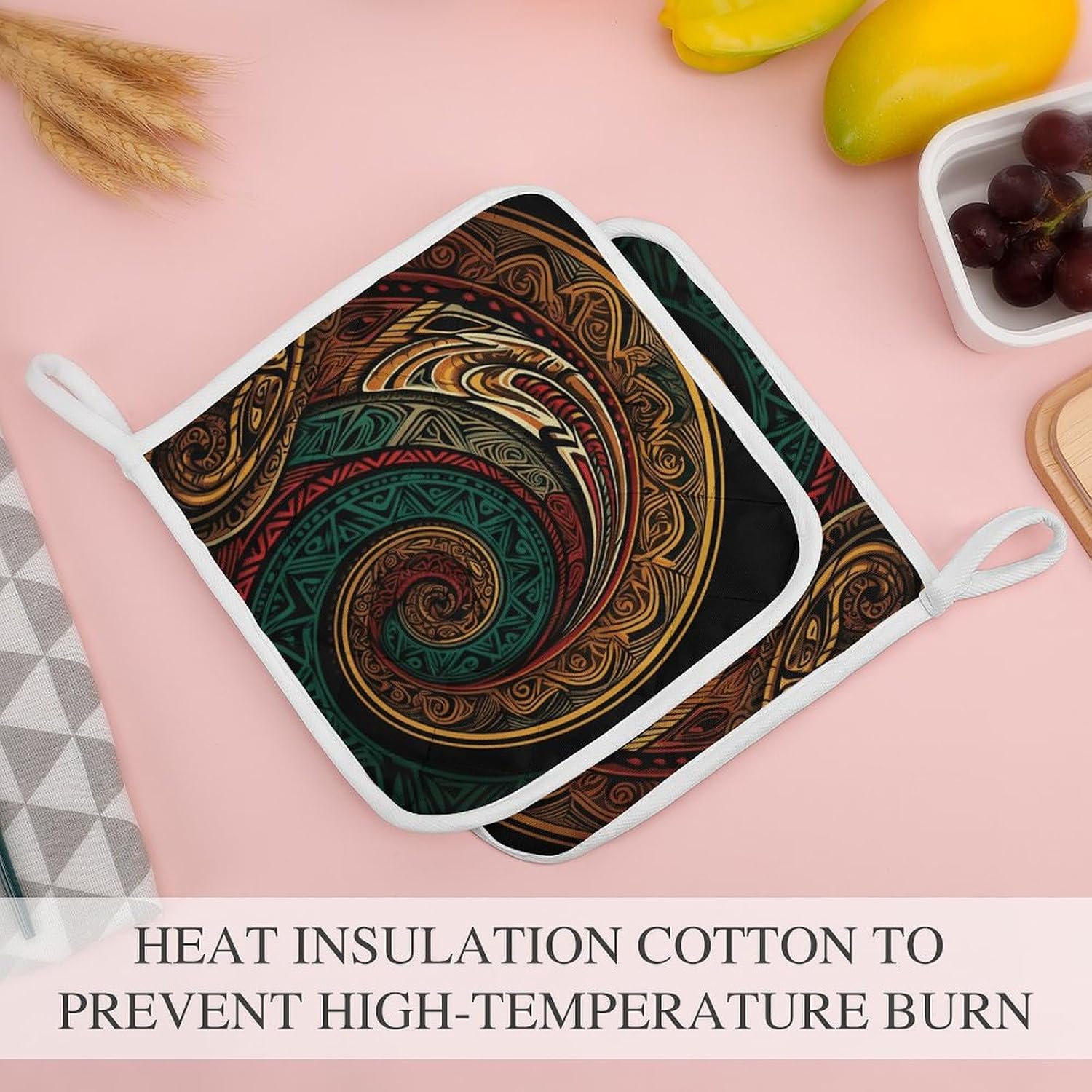 Square Potholders 2-Piece Set,Dark Teal HD Images Printed Kitchen Insulation Mats Heat-Resistant Non-Slip Insulation Mats with Hanging Rings for Kitchen Cooking Baking BBQ