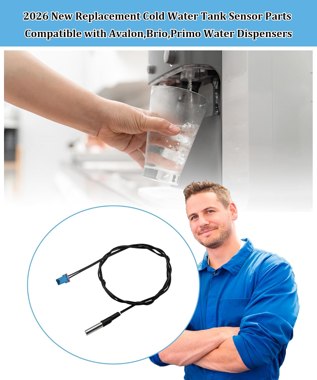 Cold Water Temperature Sensor 28.5-Inch for Avalon, Brio, Primo Water Dispensers, Blue Connector Cooling Tank Sensor Replacement Parts, Primo Water Dispensers, Easy Install