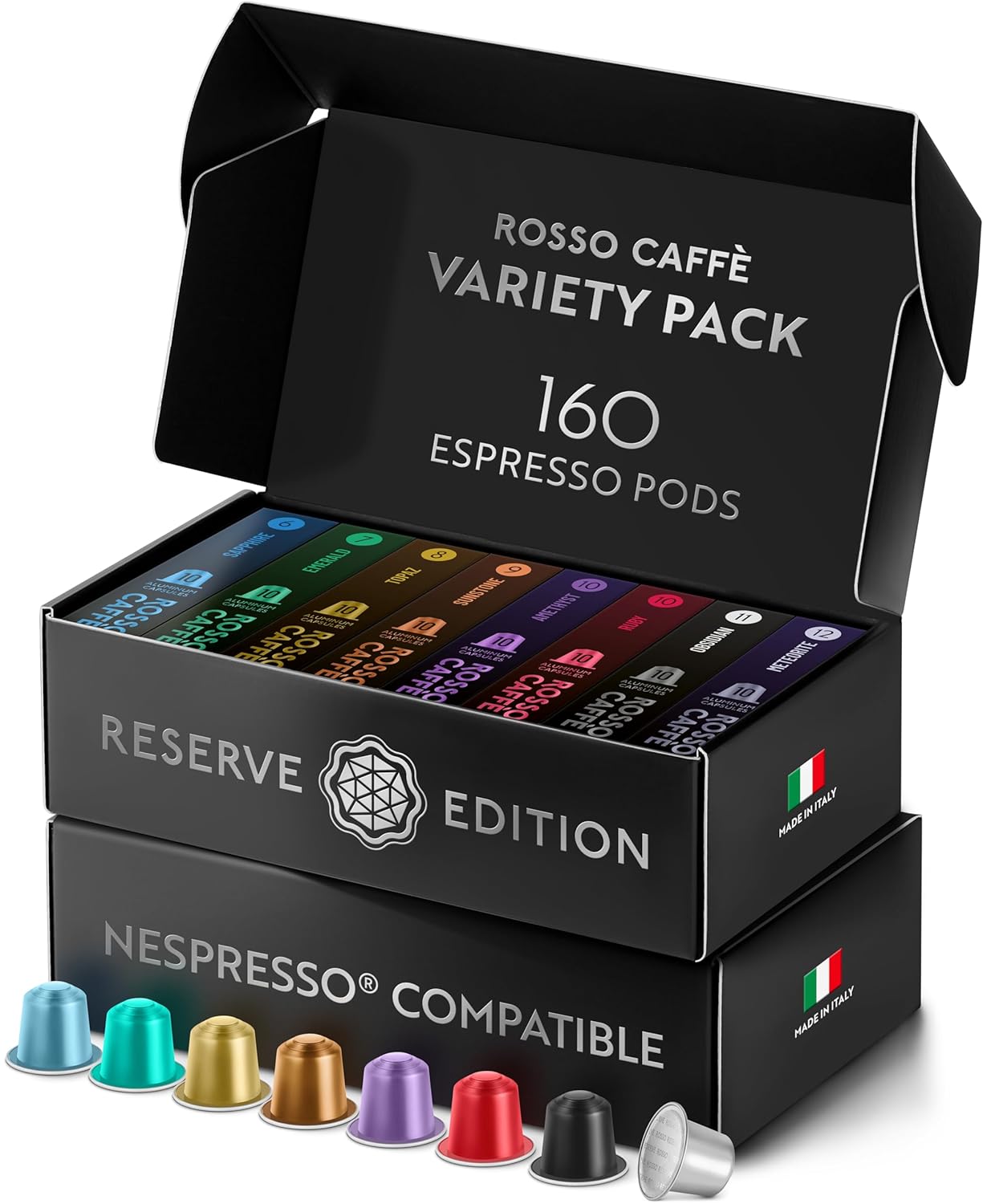 ROSSO CAFFÈ Espresso Coffee Pods, Compatible with Nespresso Original Machines, Reserve Variety Pack, 160 Capsules – Made in Italy