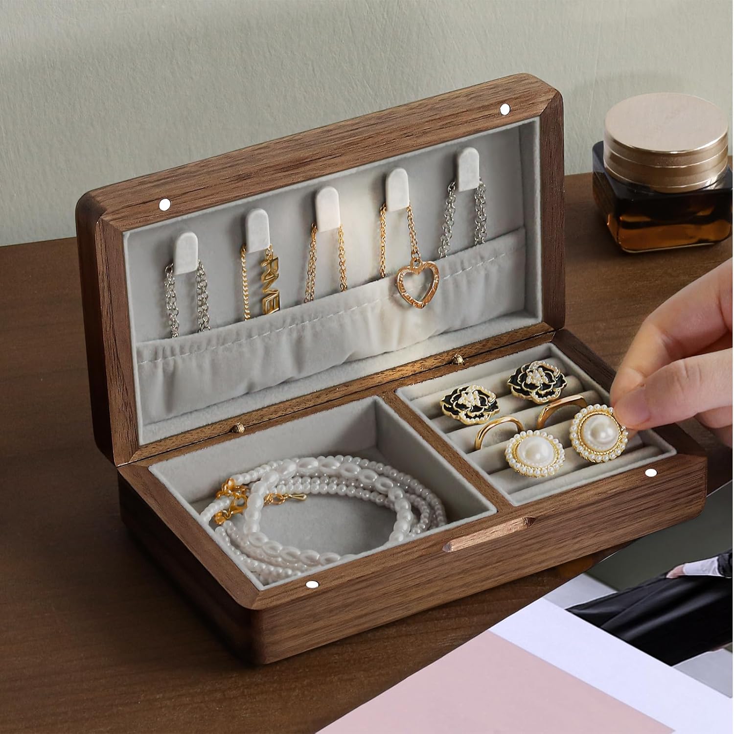 LadyRosian Wooden Small Jewelry Box - Mini Wood Travel Jewelry Case Portable Organizer for Rings, Earrings, Necklaces & Bracelets Storage Women Girls Men,Black Walnut