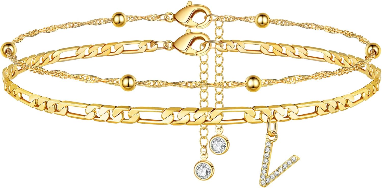 Ursteel Ankle Bracelets for Women, 14K Gold Plated Dainty Layered Chain CZ Initial Anklets Summer Jewelry Gifts for Women