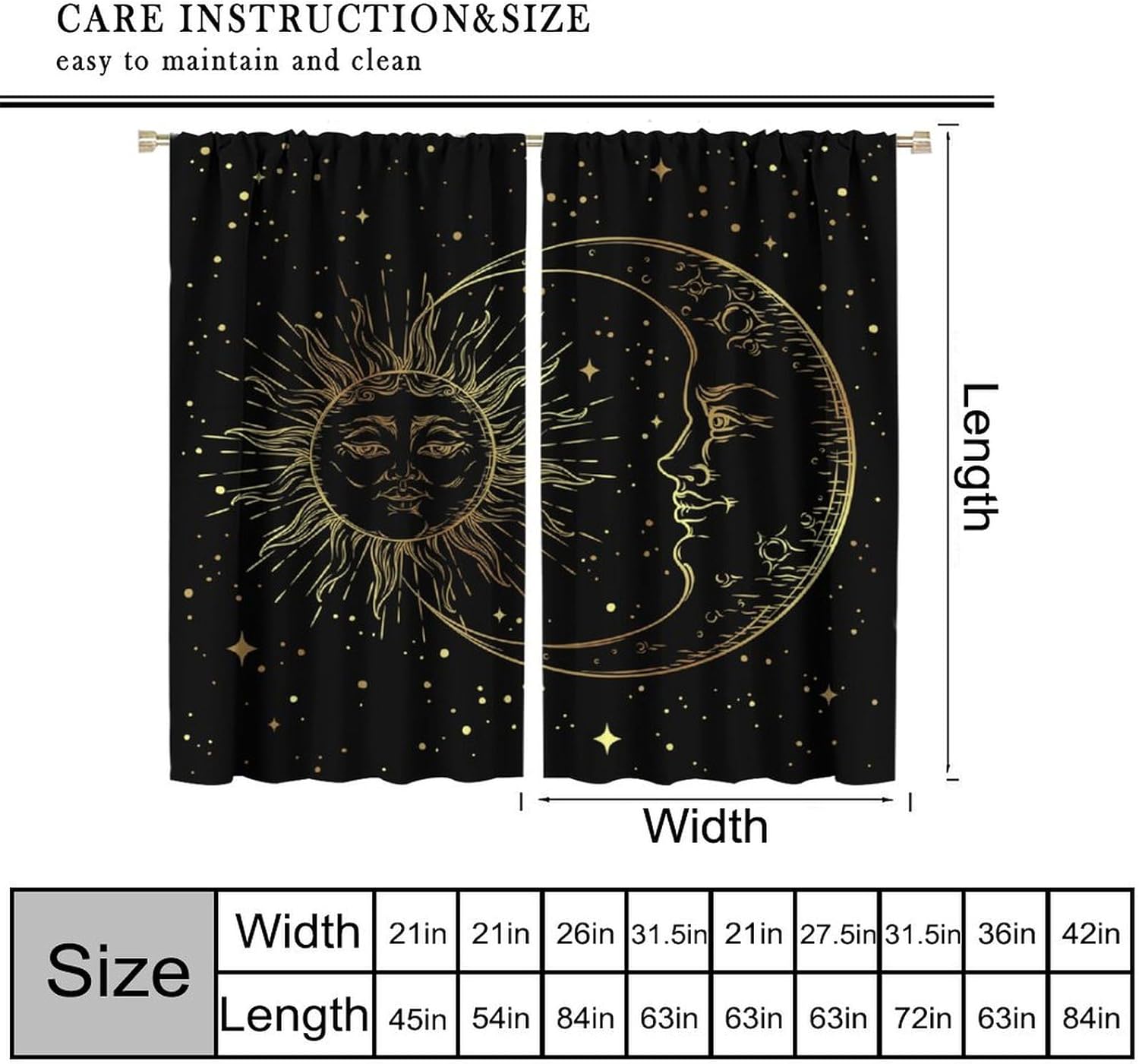Boho Moon Curtain, Golden Moon Sun Stars Black Background Blackout Window Treatments, Rod Pocket Thermal Insulated Drapes 2 Panel Sets for Bedroom Living Room, 42" W X 63" L