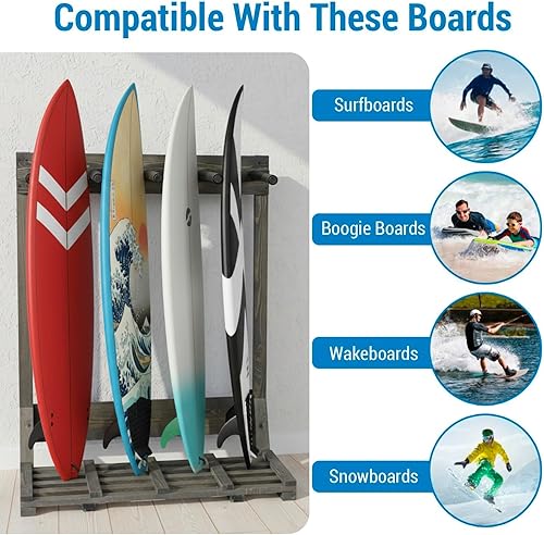 Miniatura 16 de MyGift Estante vertical independiente para tablas de surf de 4 pies de alto, estilo casa de playa, soporte de almacenamiento para tabla de remo SUP