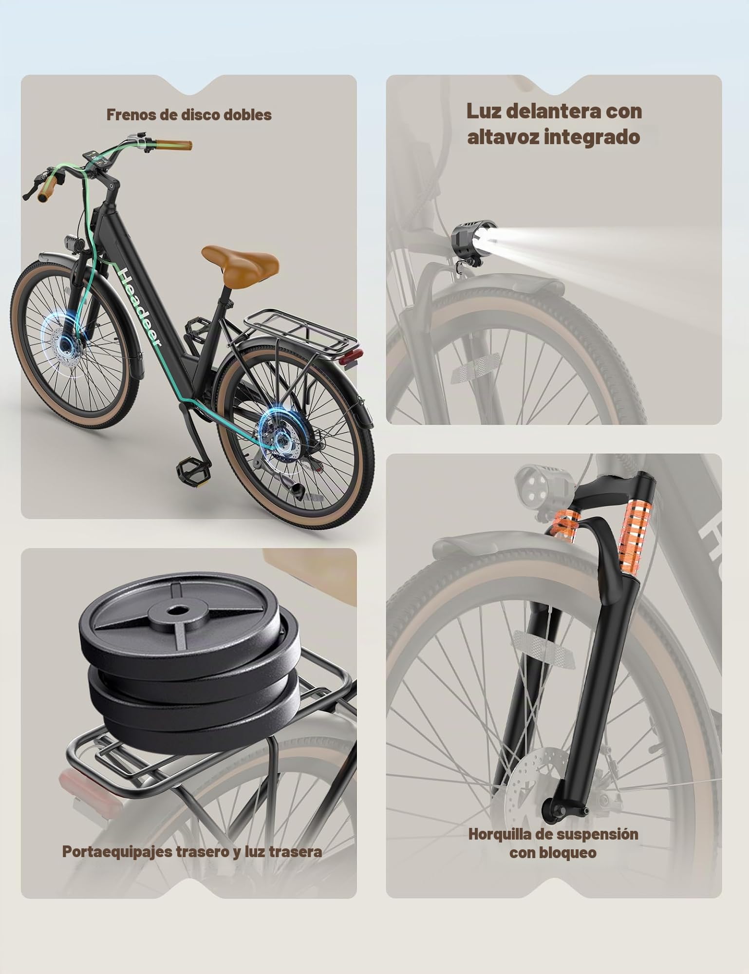HEADEER BD26195 Bicicleta Electrica para Adultos 26", Batería Extraíble 48V 11.5Ah, Autonomía 80KM (PAS), E Bike Urbana con Pantalla a Color, 7 Velocidades & Horquilla con Suspensión Bloqueo Unisex