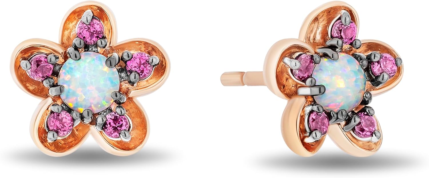 Jewelili Enchanted Disney Fine Jewelry Mulan Stud Earrings for Women | 14K Rose Gold over Sterling Silver | Opal | Push Back | Princess Inspired Jewelry Gifts for Her