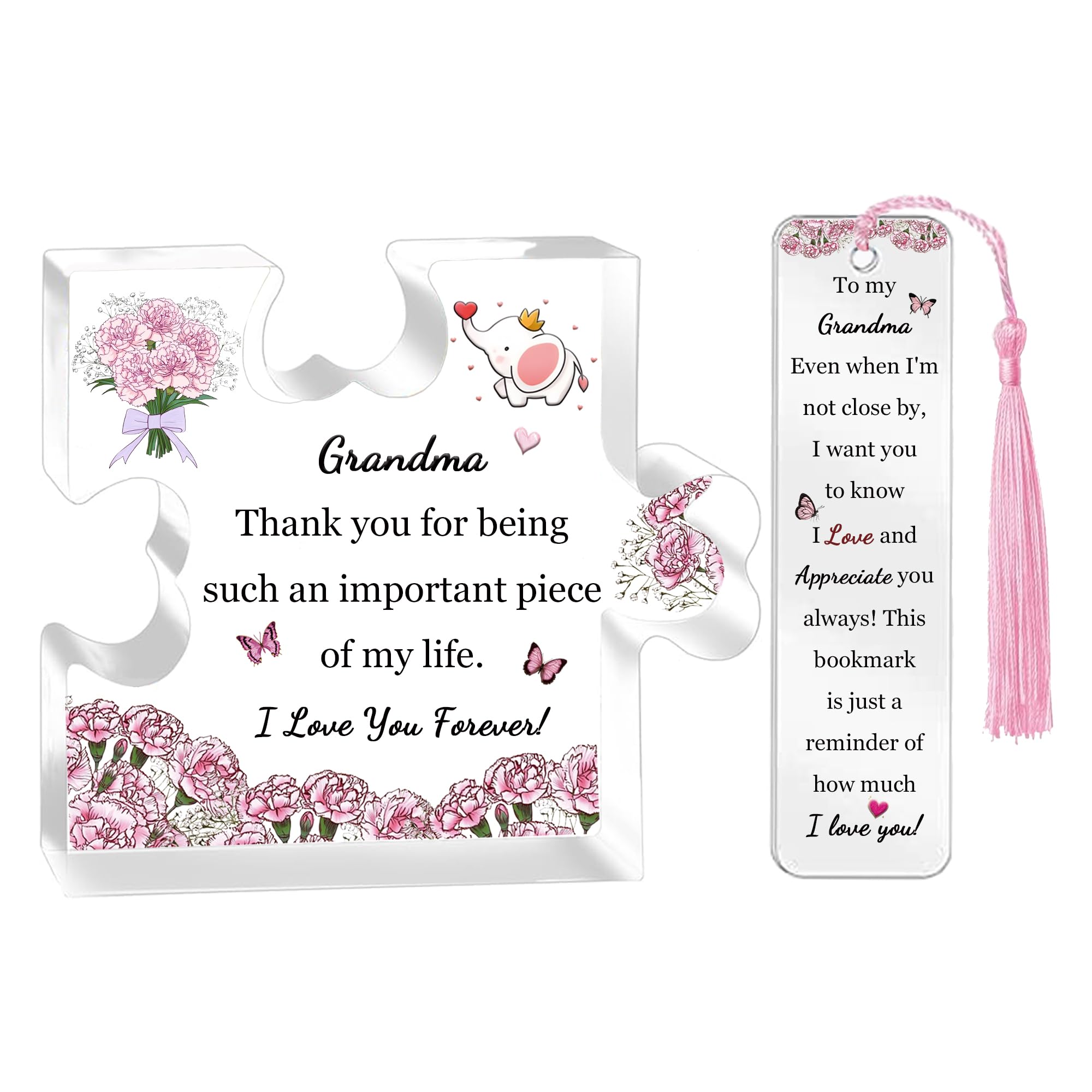 Grandma Gifts for Mothers Day Puzzle Shaped Signs Bookmark 2PC Set Grandmother Birthday Family Day Presents Acrylic Plaques Christmas Women Retirement Appreciation Carnations Nan Thank You Keepsakes
