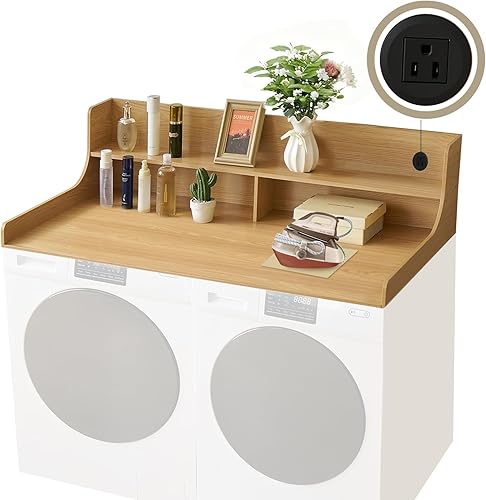 Encimera para lavadora y secadora de 54 pulgadas de ancho x 27.5 pulgadas de profundidad, mesa de lavandería de doble capa con enchufe de