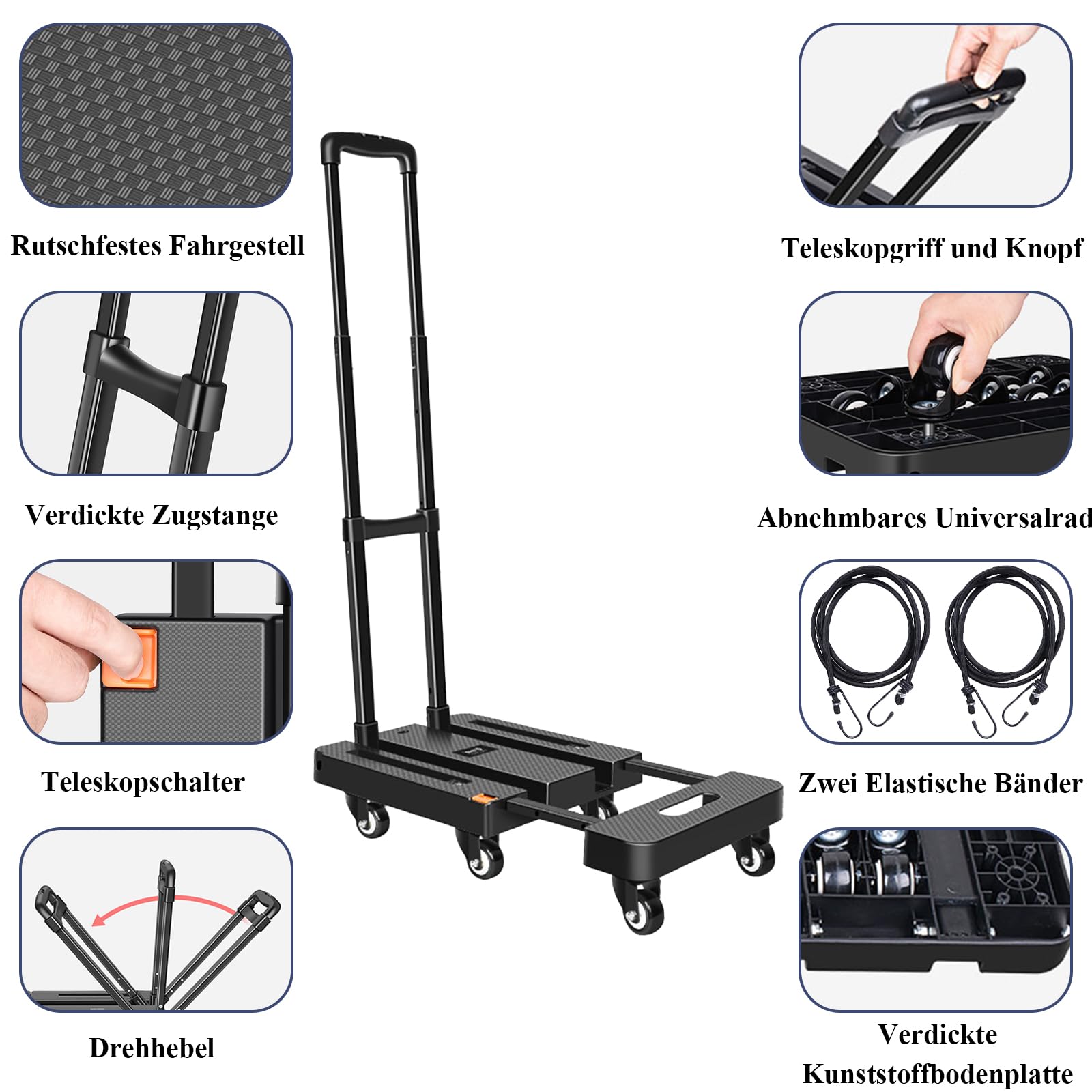 Sackkarre Klappbar, Transportwagen 200KG, Sackkarren Klappbare mit 6 Universal-Räder, Plattformwagen mit Verstellbarer Deichsel, 2 Flexibles Seil, für Gepäck, Einkaufen, Auto und Umzug, Schwarz