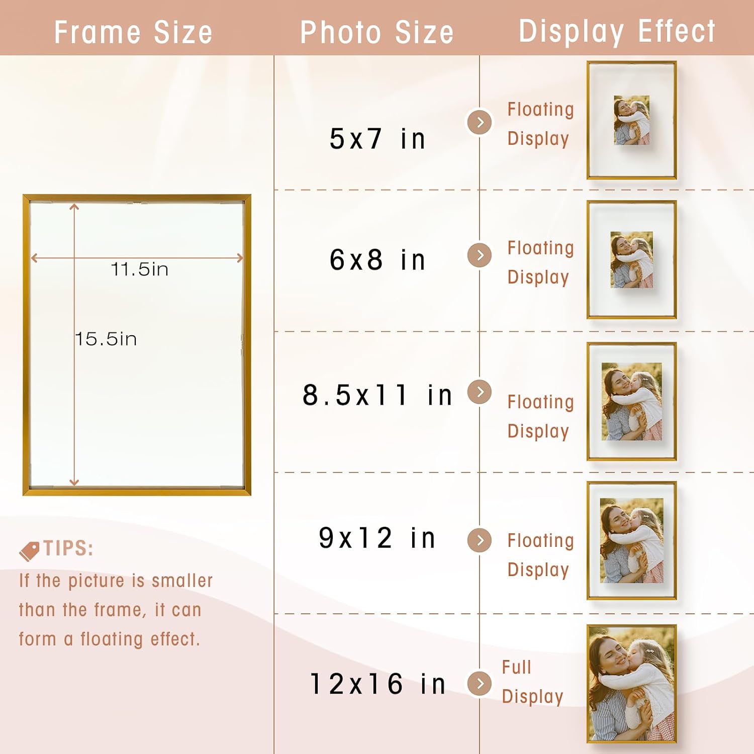Golden State Art, 12x16 Floating Frame, Bronze Aluminum Picture Frame, Clear Glass Display Any Size Photo up to 12 x 16, Home Gallery Wall Decoration, Display Horizontal and Vertical