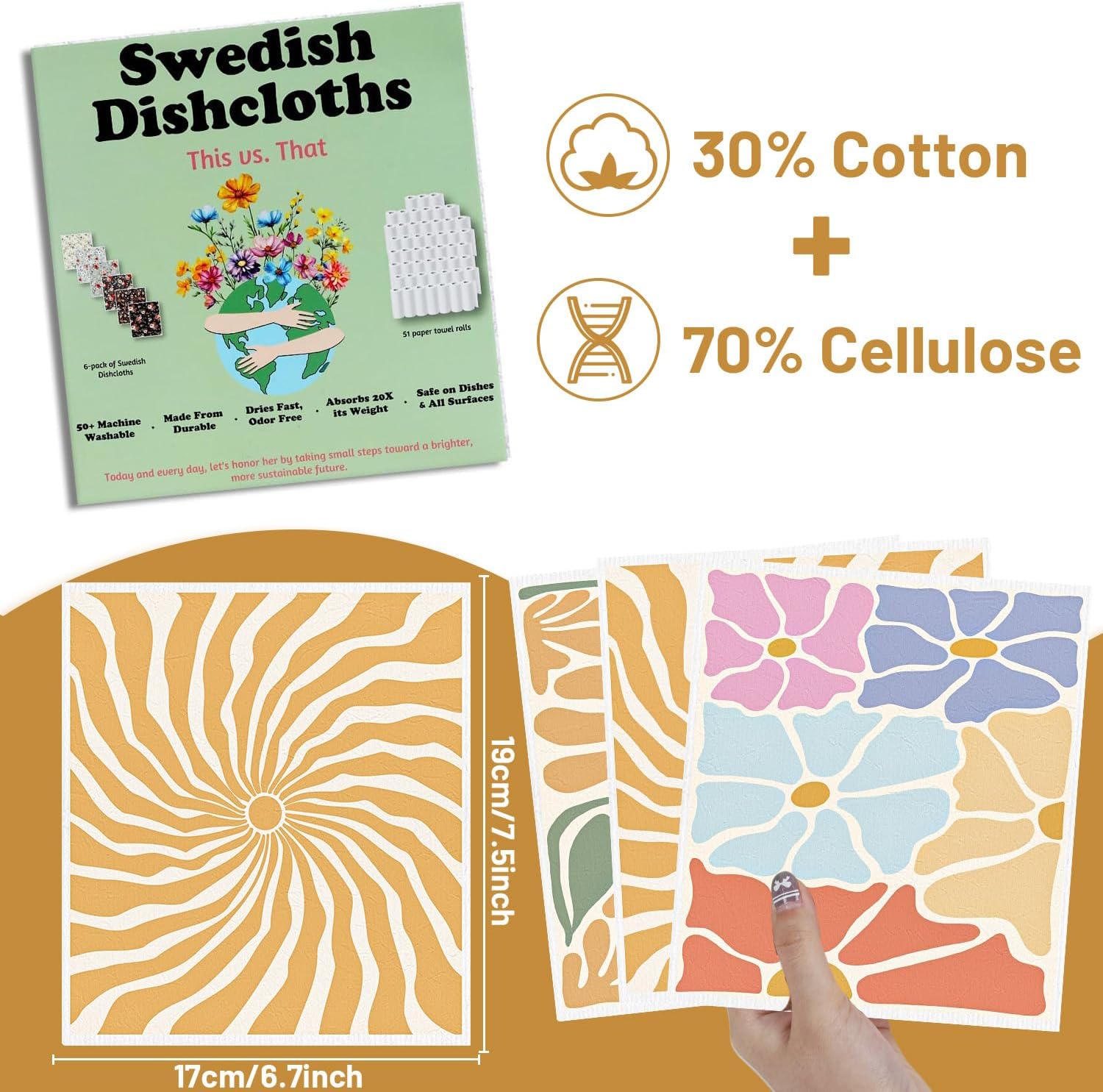 Boho Floral Swedish Dishcloths for Kitchen, 6PCS Retro Groovy Swedish Dish Cloths Gift Set, Reusable Absorbent Cellulose Sponge Dish Towel for Home Cleaning(7.8 X 7 Inches) - Image 2