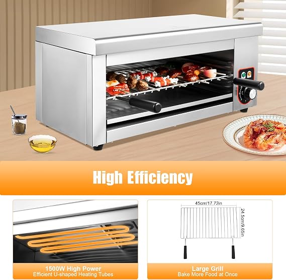 1500W Electric Cheese Melter Grill, 110V Salamander Broiler Machine, Countertop Steak Broiler, Stainless Steel Commercial Sandwich Grill, w/Indicators, for Melt Cheese, Toast Sandwiches