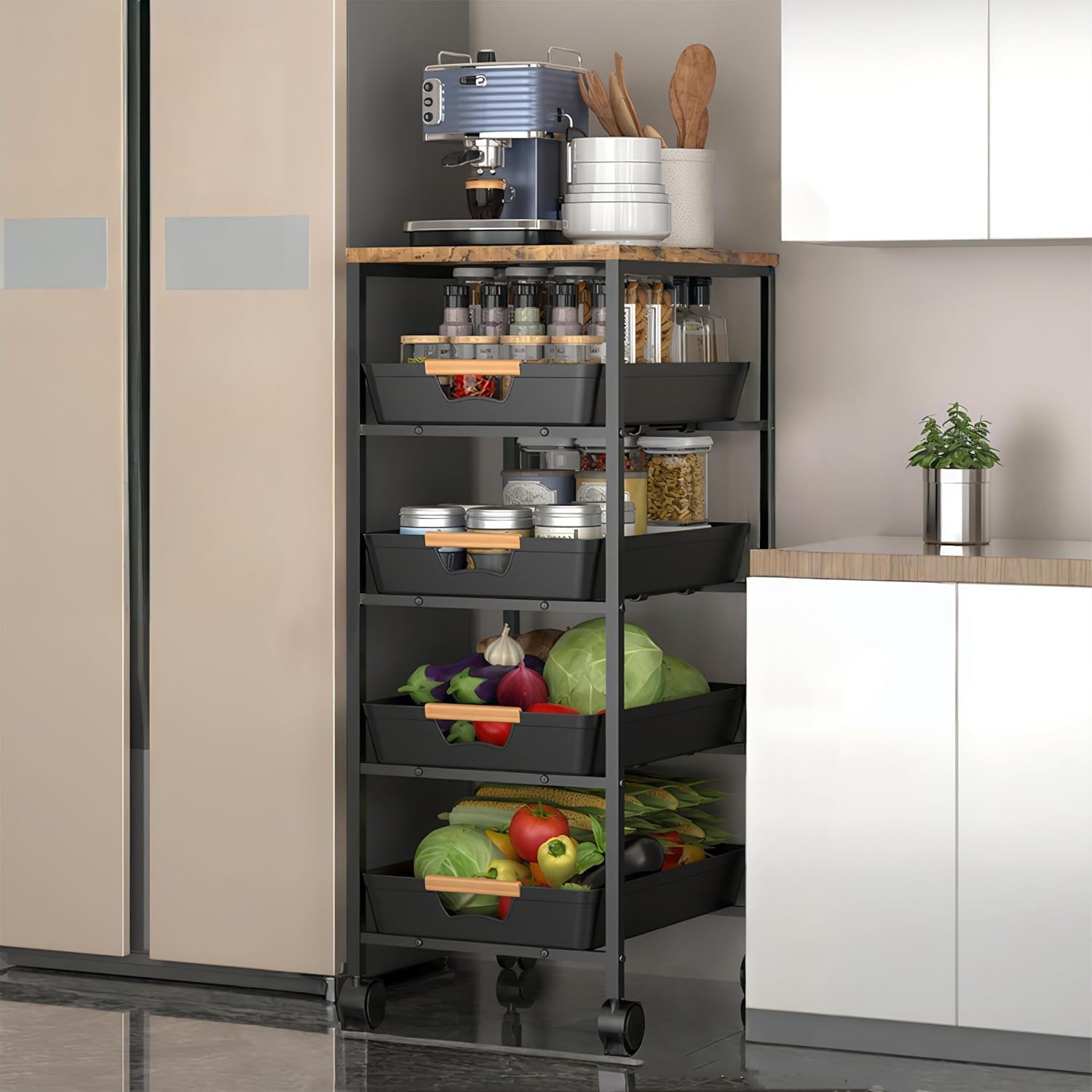 CarolynDesign 5-Tier Metal Frame Organizer Utility Cart with Wooden Top, Multi Functional Rolling Wheels Storage with Pull Out Drawers for Kitchen, Living Room, Bathroom