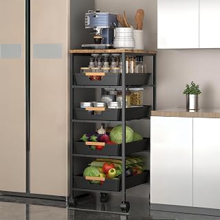 CarolynDesign 5-Tier Metal Frame Organizer Utility Cart with Wooden Top, Multi Functional Rolling Wheels Storage with Pull Out Drawers for Kitchen, Living Room, Bathroom