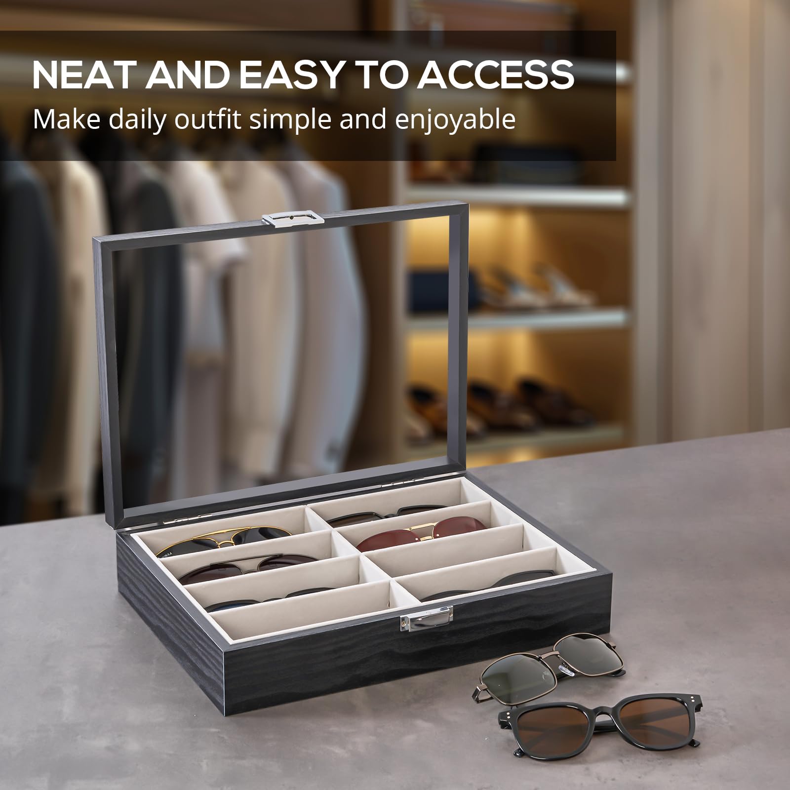 ProCase Porta Occhiali da Sole in Legno 8 Slots, Porta Occhiali Multiplo da Casa, Espositore Occhiali da Sole con Coperchio in Vetro -Nero