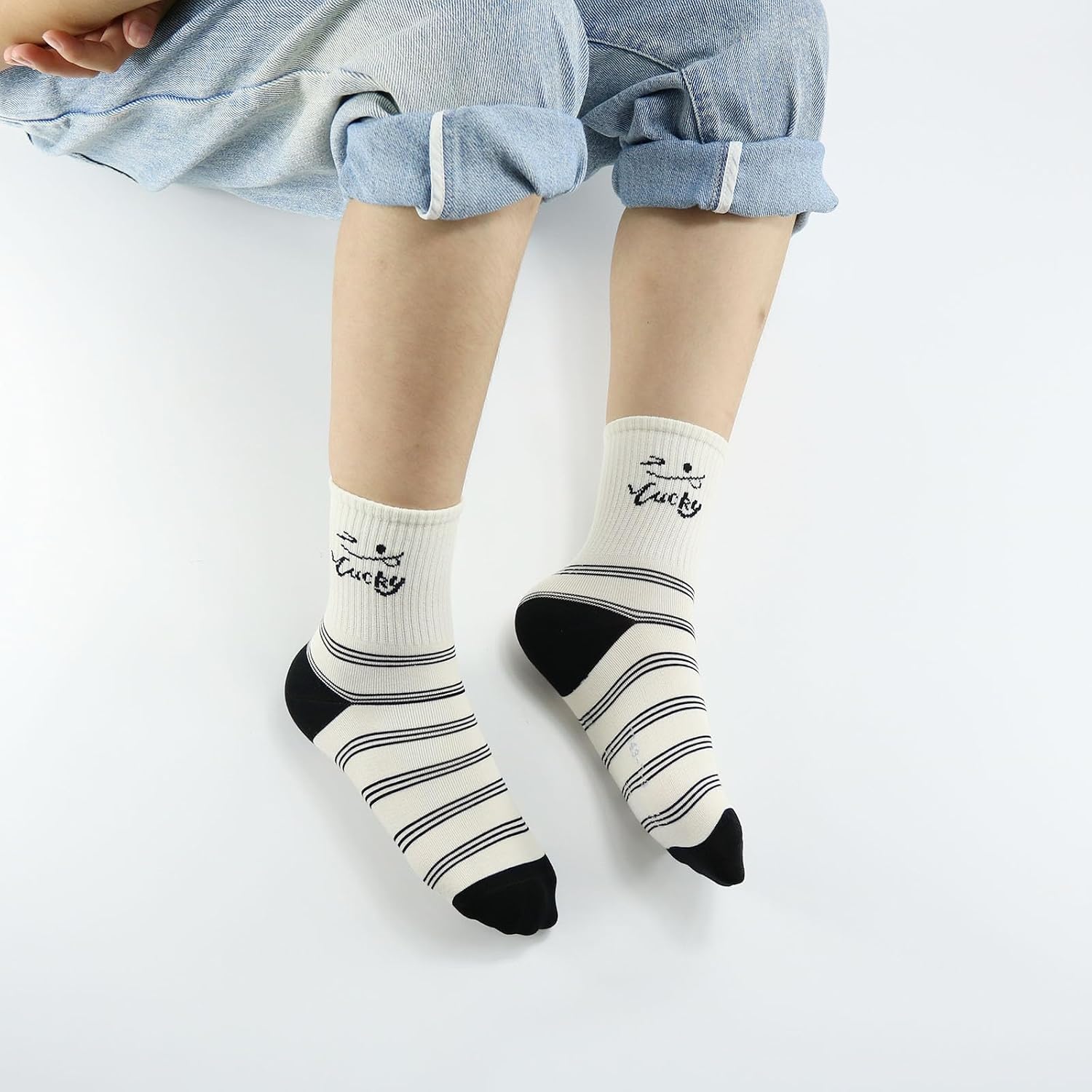 Toddler Boys Happy Face Crew Socks, Black Striped Solid Funny Kids Ankle Cotton Socks, 5 Pairs