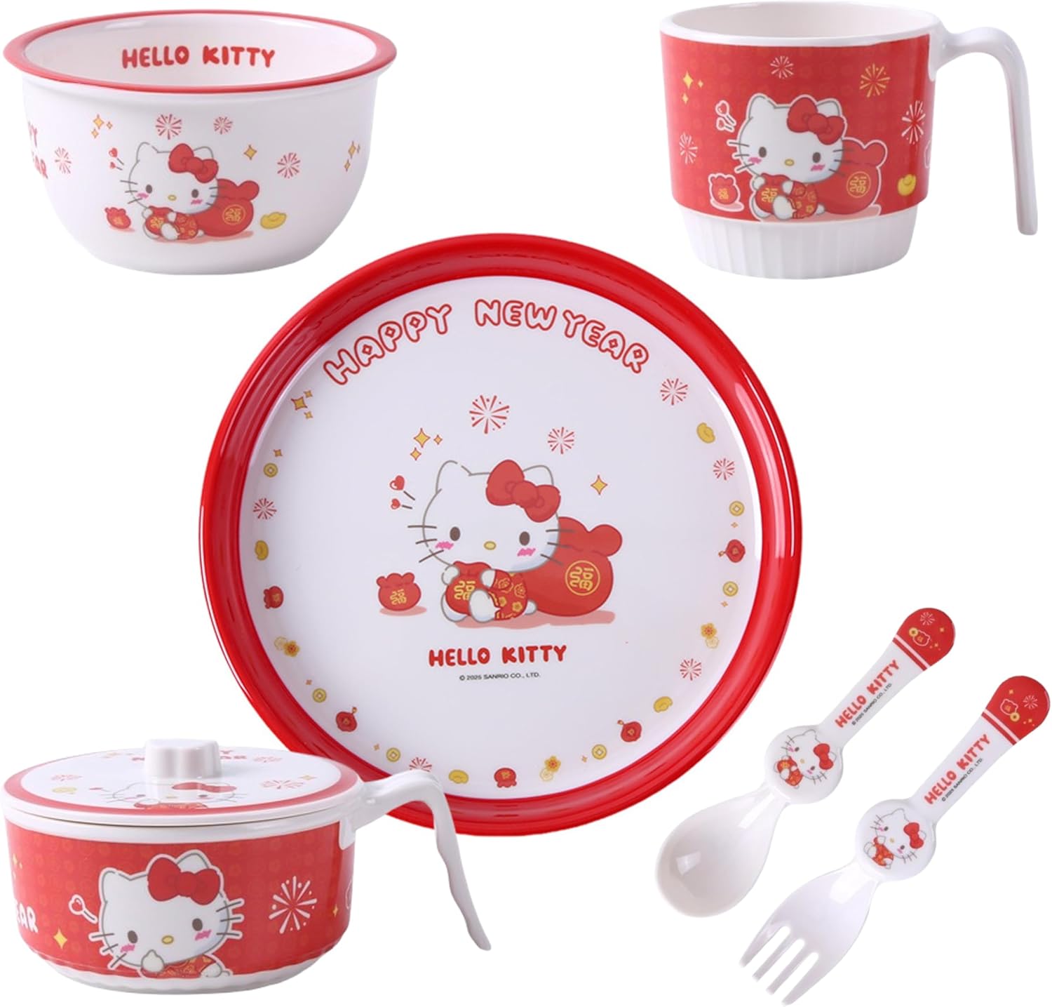 Hello Kitty Red Happy New Year Dinnerware Flatware Meal Set – Plate Bowls Cup Fork Spoon, 6 pieces