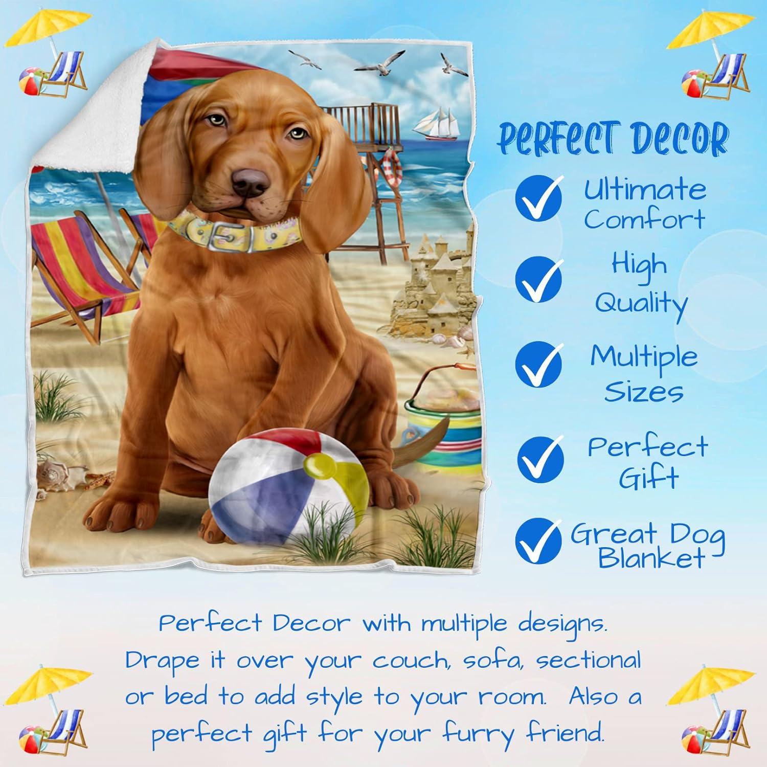 Pet Friendly Beach Vizsla Dog Blanket - Lightweight Super Soft Cozy and Durable Bed Blanket - Animal Theme Fuzzy Blanket for Sofa Bed Couch BLNKT57126 (30x40 Fleece)