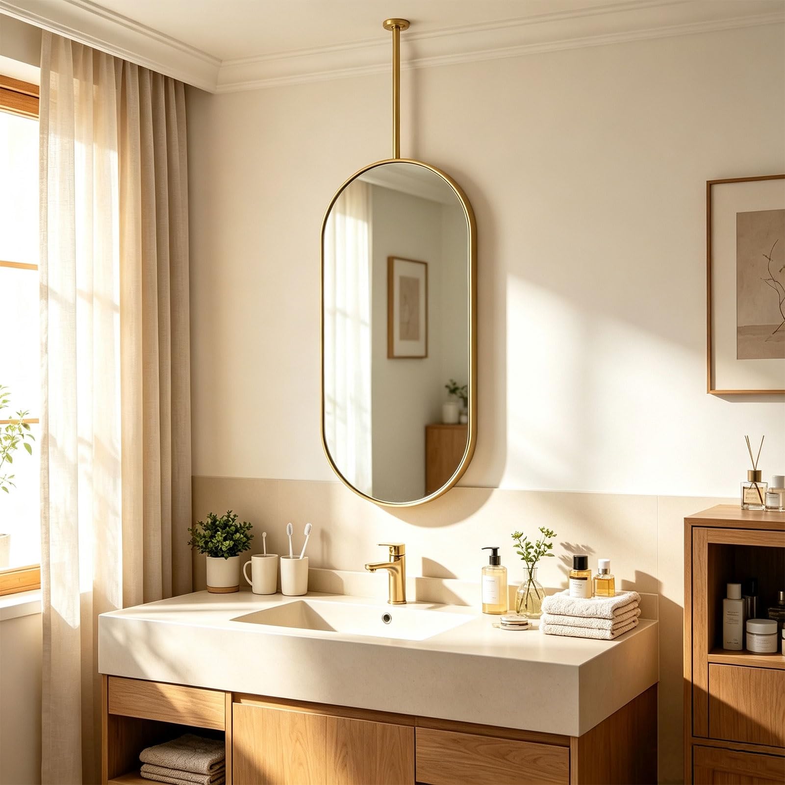 Miroirs de rasage vanité de salle de bains avec tige suspendue au plafond | Miroir monté au plafond avec cadre et flèche en acier inoxydable brossé(Gold,40cmx80cm)