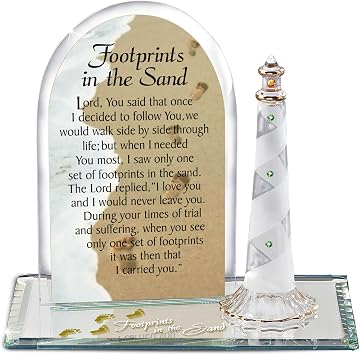Glass Baron Lighthouse Figurine with Footprints in the Sand Poem
